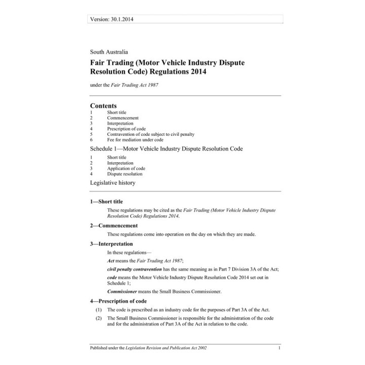 Fair Trading (Motor Vehicle Industry Dispute Resolution Code) Regulations 2014