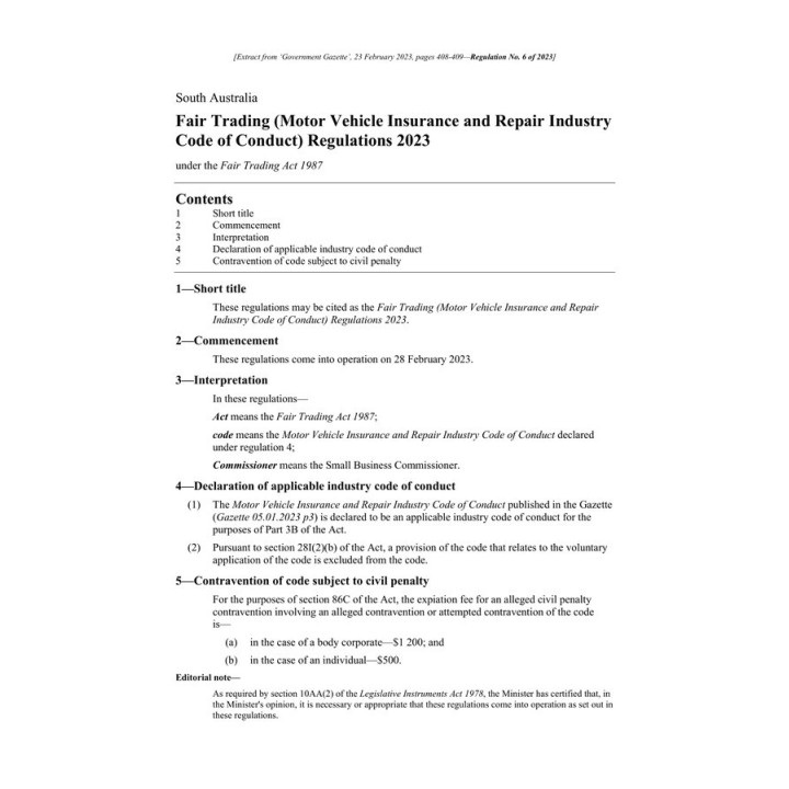 Fair Trading (Motor Vehicle Insurance and Repair Industry Code of Conduct) Regulations 2023