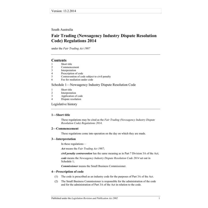 Fair Trading (Newsagency Industry Dispute Resolution Code) Regulations 2014