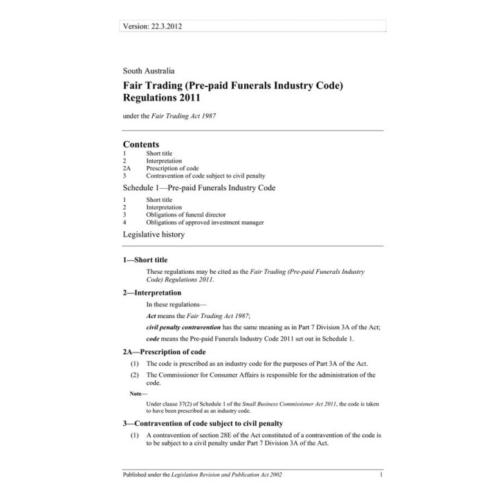 Fair Trading (Pre-paid Funerals Industry Code) Regulations 2011