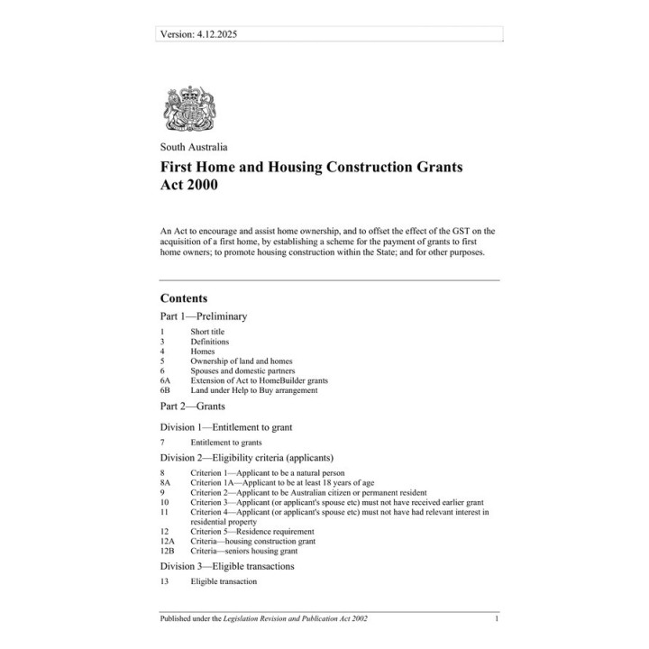 First Home and Housing Construction Grants Act 2000