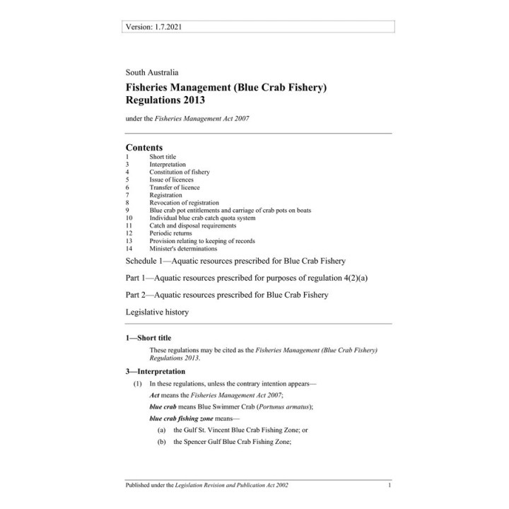 Fisheries Management (Blue Crab Fishery) Regulations 2013