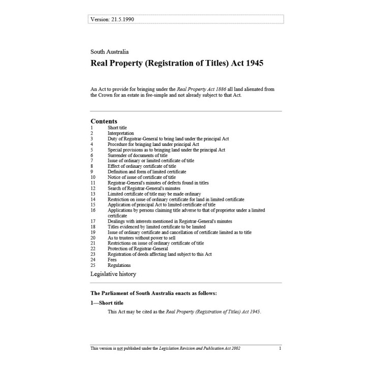 Real Property (Registration of Titles) Act 1945