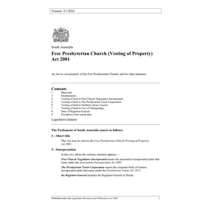 Free Presbyterian Church (Vesting of Property) Act 2001
