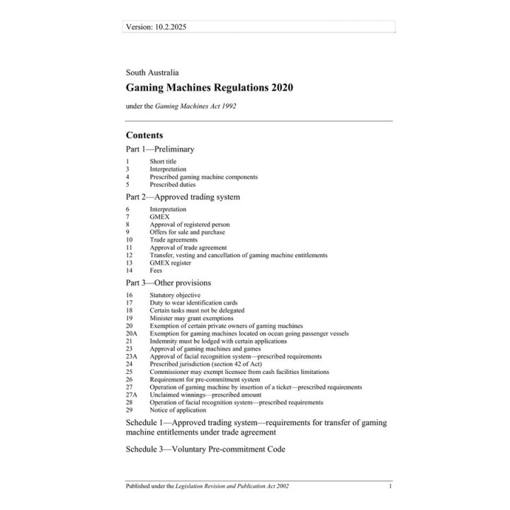 Gaming Machine Regulations 2020