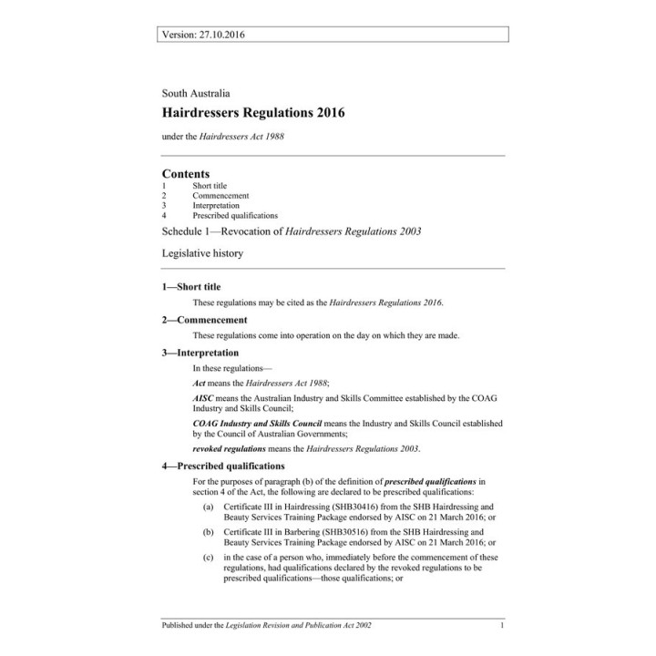 Hairdressers Regulations 2016