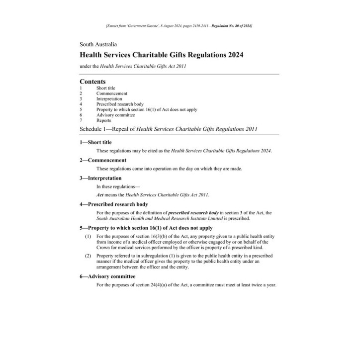 Health Services Charitable Gifts Regulations 2024
