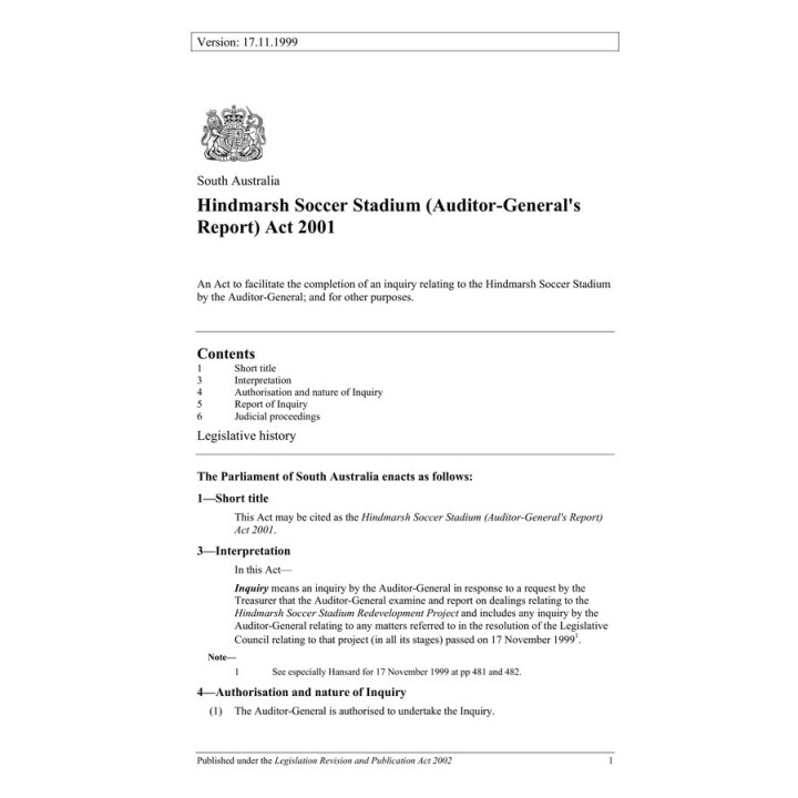 Hindmarsh Soccer Stadium (Auditor-Generals Report) Act 2001
