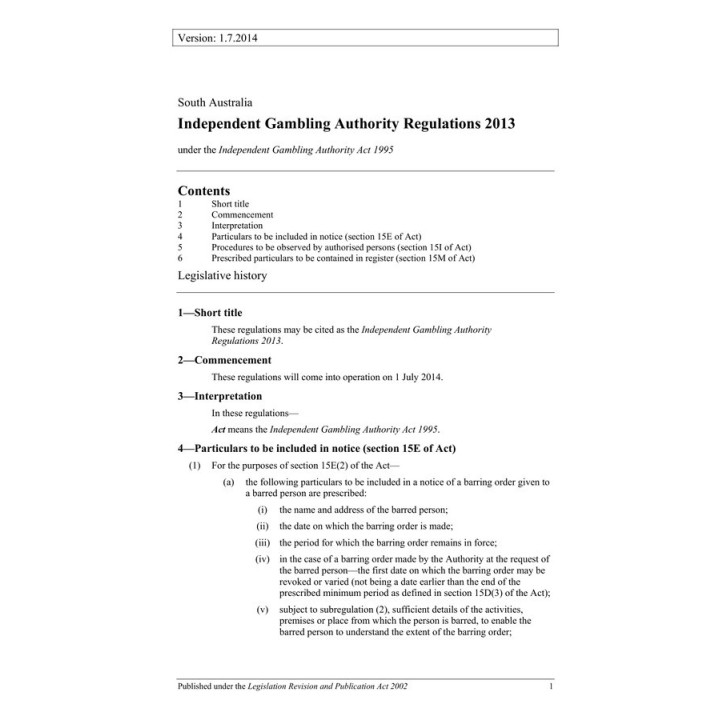 Independent Gambling Authority Regulations 2013
