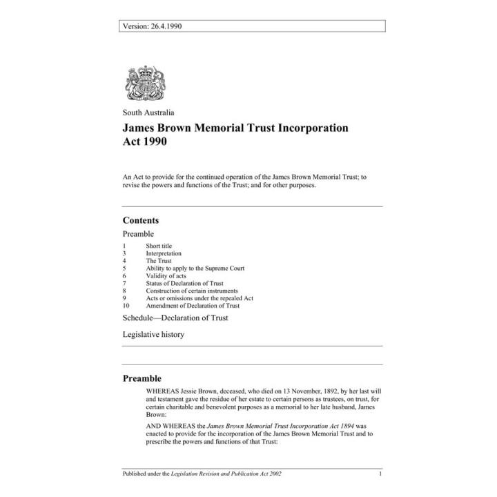 James Brown Memorial Trust Incorporation Act 1990