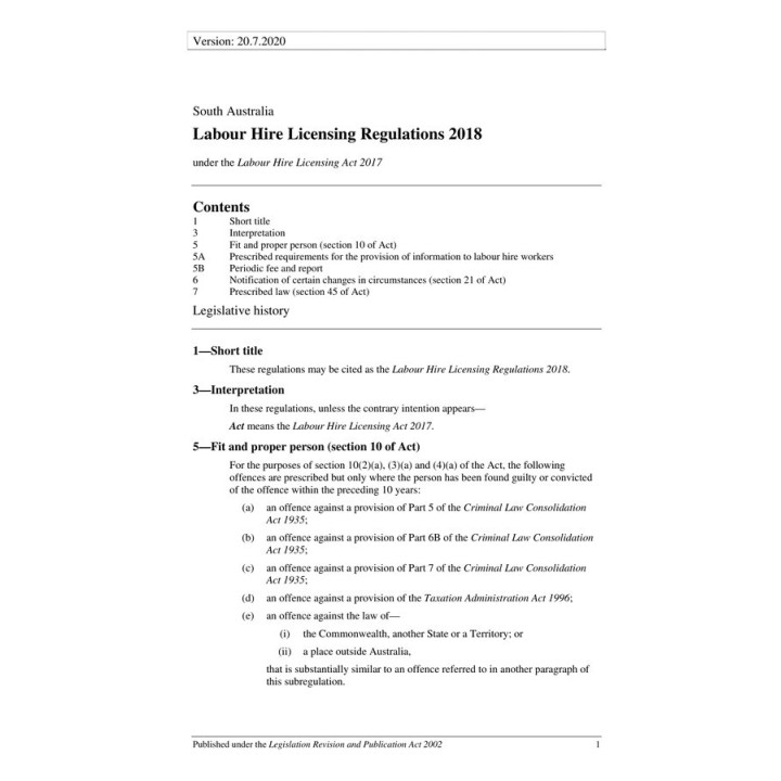 Labour Hire Licensing Regulations 2018