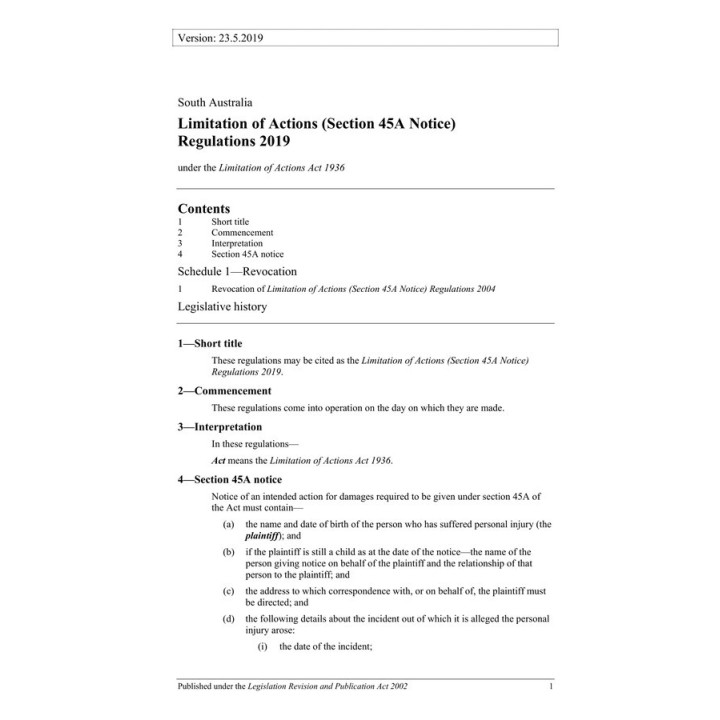 Limitation of Actions (Section 45A Notice) Regulations 2019