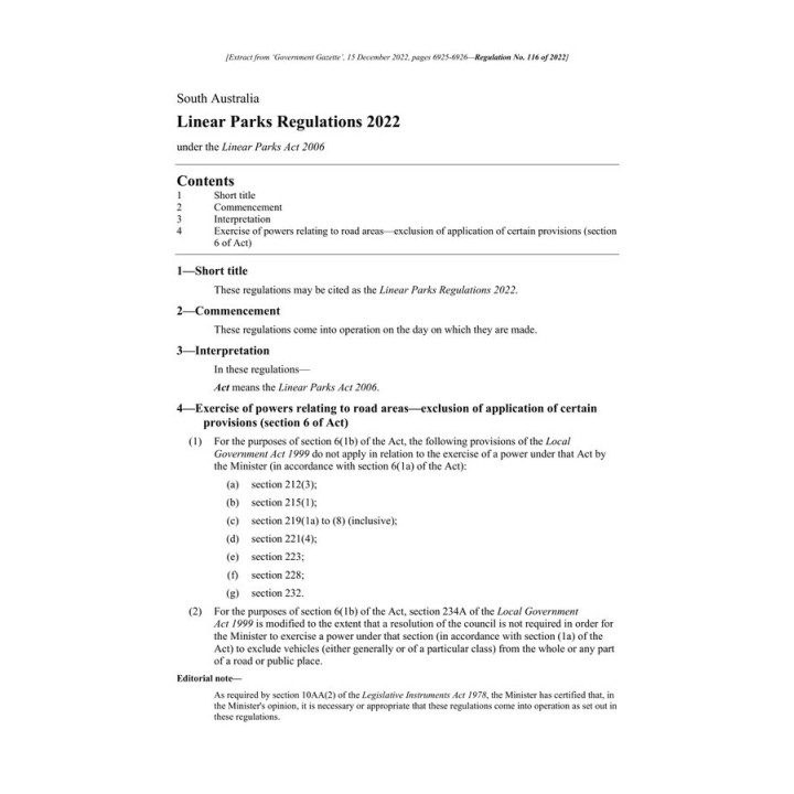 Linear Parks Regulations 2022