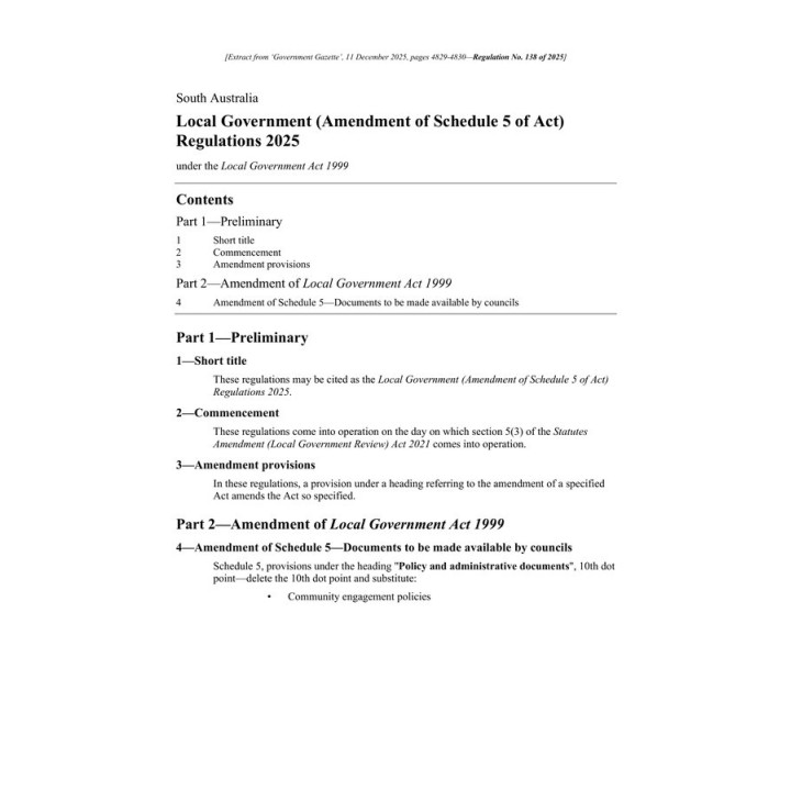 Local Government (Amendment of Schedule 5 of Act) Regulations 2025