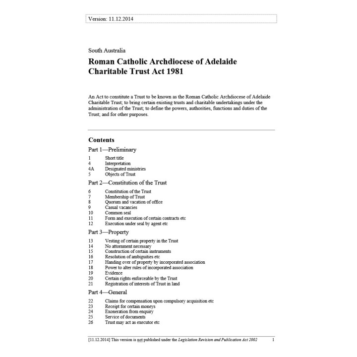 Roman Catholic Archdiocese of Adelaide Charitable Trust Act 1981