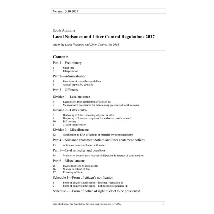 Local Nuisance and Litter Control Regulations 2017
