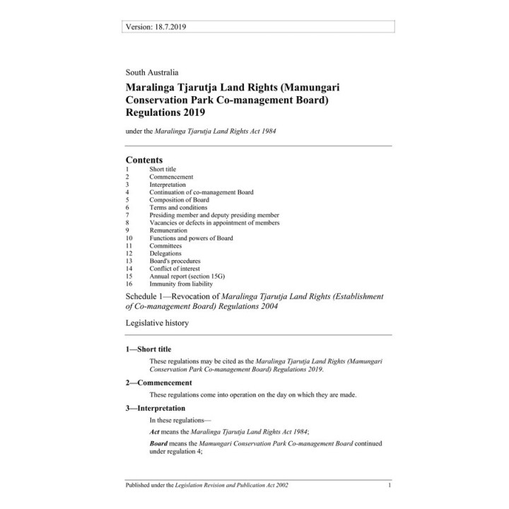Maralinga Tjarutja Land Rights (Mamungari Conservation Park Co-management Board) Regulations 2019
