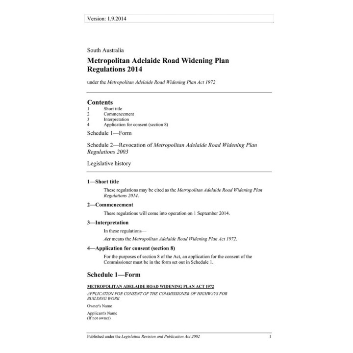 Metropolitan Adelaide Road Widening Plan Regulations 2014