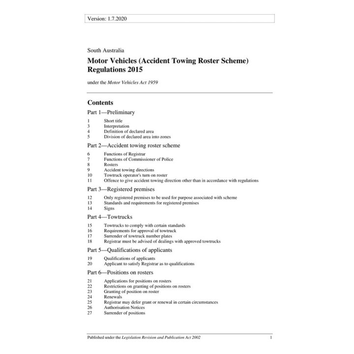 Motor Vehicles (Accident Towing Roster Scheme) Regulations 2015