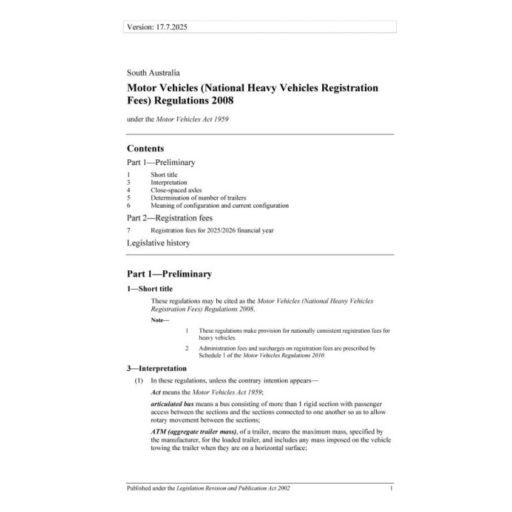 Motor Vehicles (National Heavy Vehicles Registration Fees) Regulations 2008