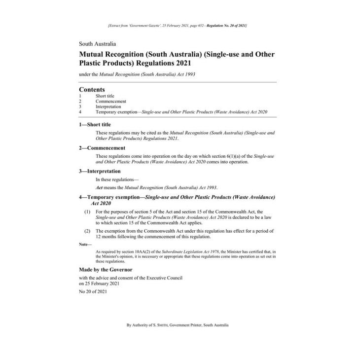 Mutual Recognition (South Australia) (Single-use and Other Plastic Products) Regulations 2021