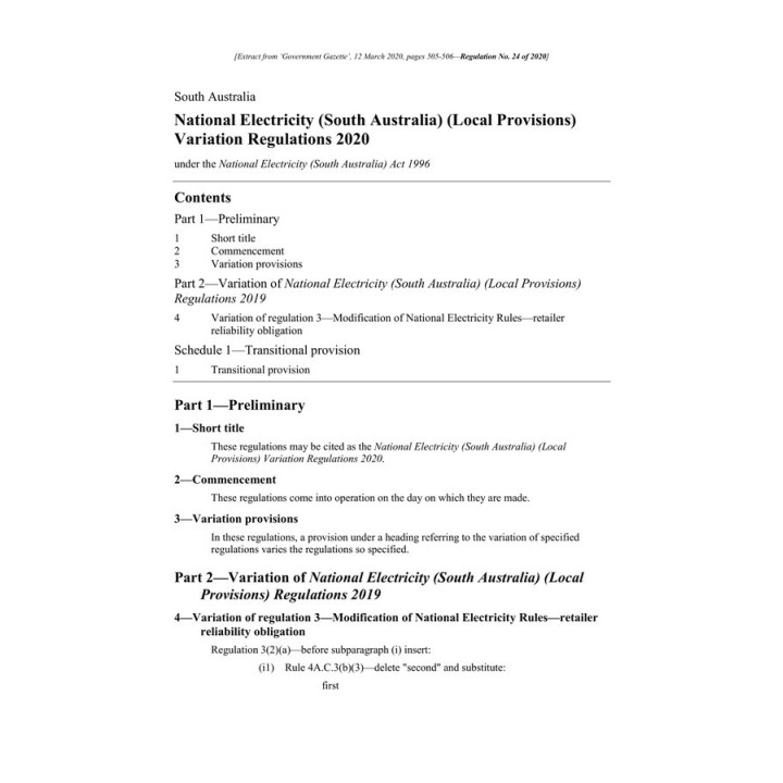 National Electricity (South Australia) (Local Provisions) Regulations 2019