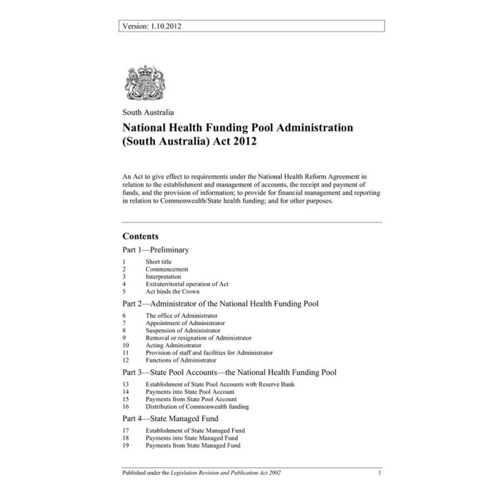 National Health Funding Pool Administration (South Australia) Act 2012