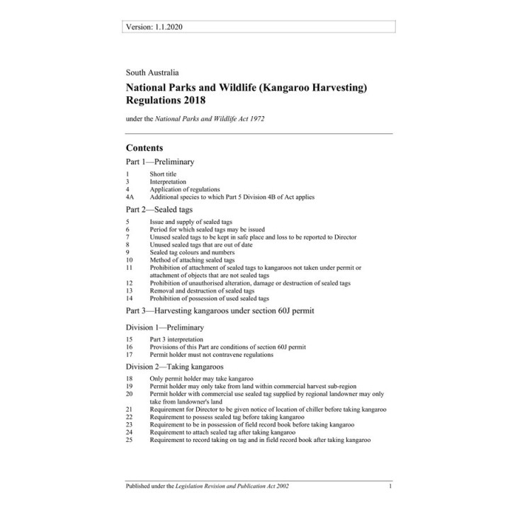 National Parks and Wildlife (Kangaroo Harvesting) Regulations 2018