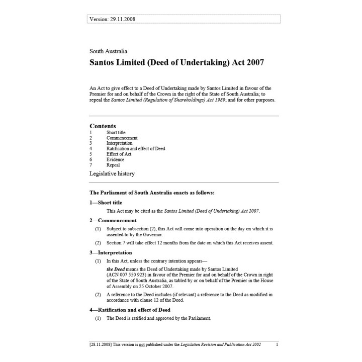 Santos Limited (Deed of Undertaking) Act 2007