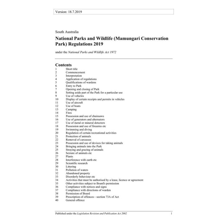 National Parks and Wildlife (Mamungari Conservation Park) Regulations 2019