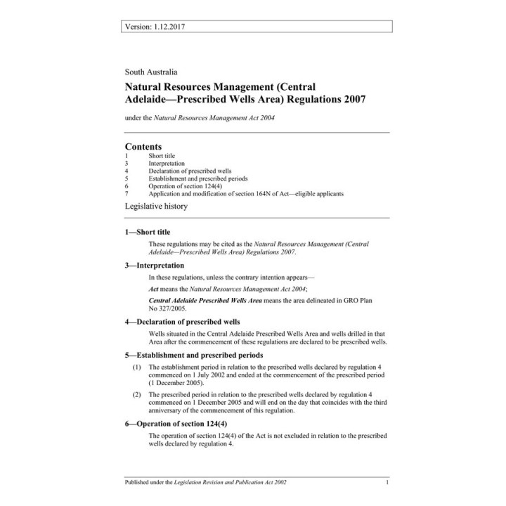 Natural Resources Management (Central Adelaide—Prescribed Wells Area) Regulations 2007