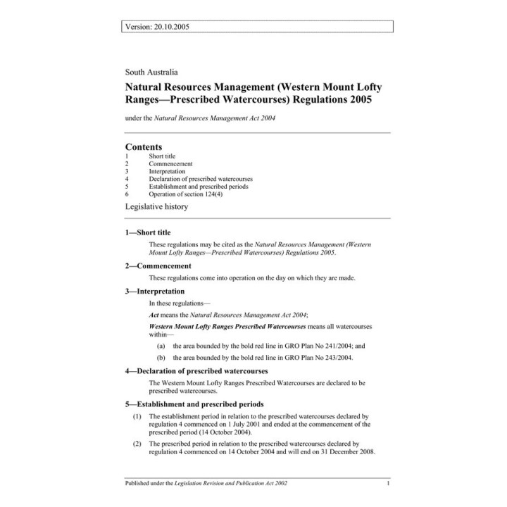 Natural Resources Management (Western Mount Lofty  Ranges—Prescribed Watercourses) Regulations 2005