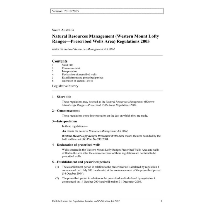 Natural Resources Management (Western Mount Lofty Ranges - Prescribed Wells Area) Regulations 2005