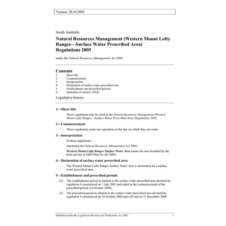 Natural Resources Management (Western Mount Lofty Ranges - Surface Water Prescribed Area) Regulations 2005