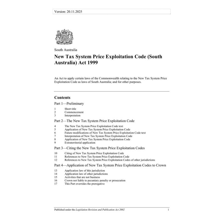 New Tax System Price Exploitation Code (South Australia) Act 1999