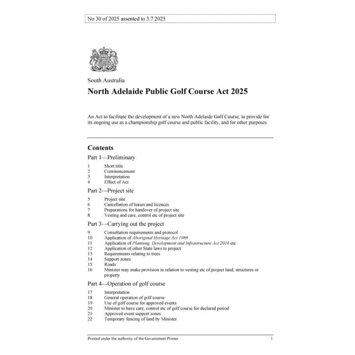 North Adelaide Public Golf Course Act 2025