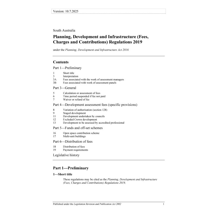 Planning Development and Infrastructure (Fees Charges and Contributions) Regulations 2019