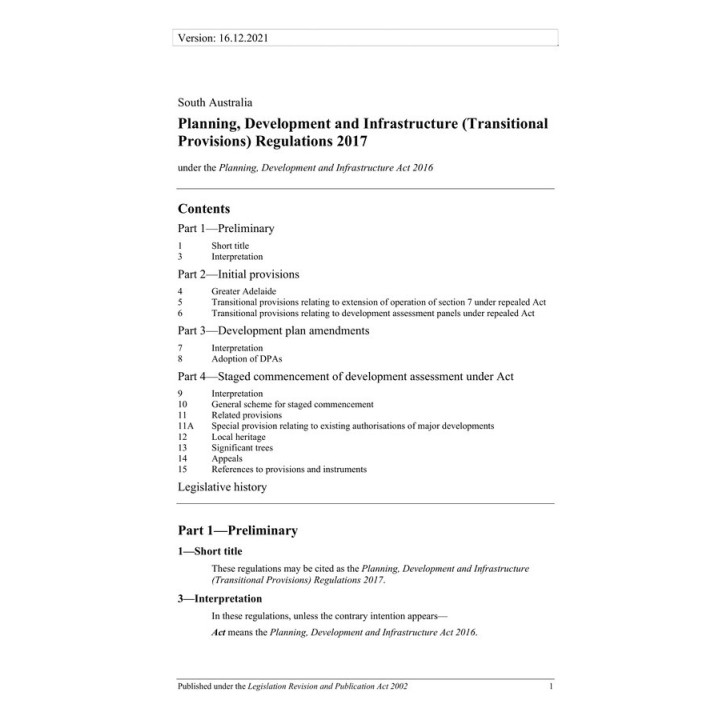 Planning, Development and Infrastructure (Transitional Provisions) Regulations 2017