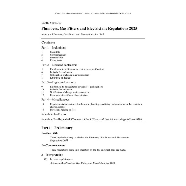 Plumbers, Gas Fitters and Electricians Regulations 2025