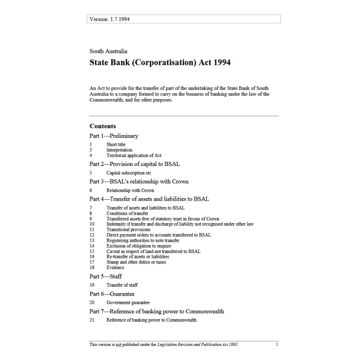 State Bank (Corporatisation) Act 1994