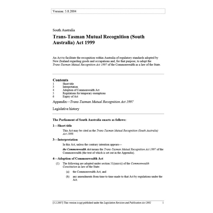 Trans-Tasman Mutual Recognition (South Australia) Act 1999