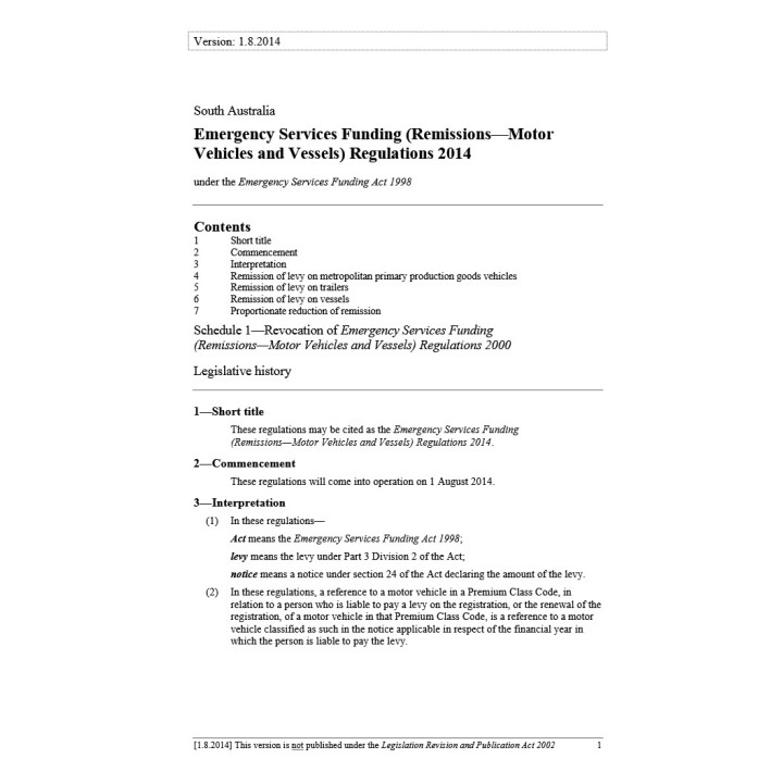 Emergency Services Funding (Remissions - Motor Vehicles and Vessels) Regulations 2014