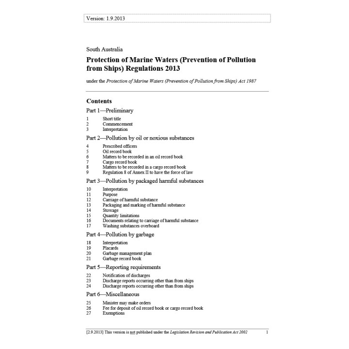 Protection of Marine Waters (Prevention of Pollution from Ships) Regulations 2013