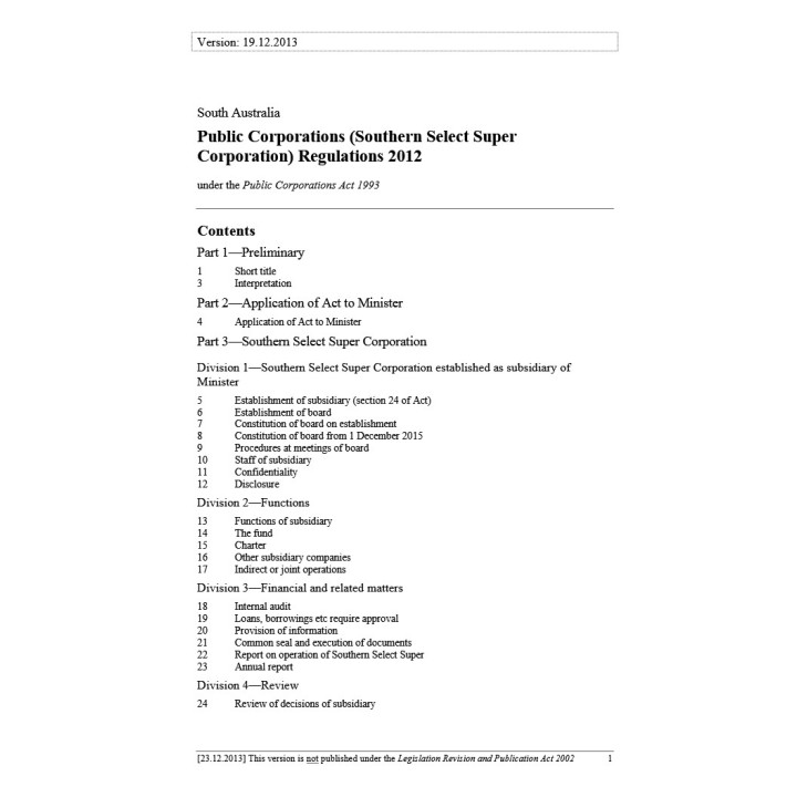 Public Corporations (Southern Select Super Corporation) Regulations 2012