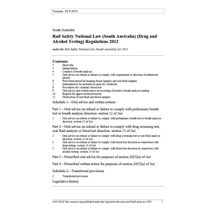 Rail Safety National Law (South Australia) (Drug and Alcohol Testing) Regulations 2012