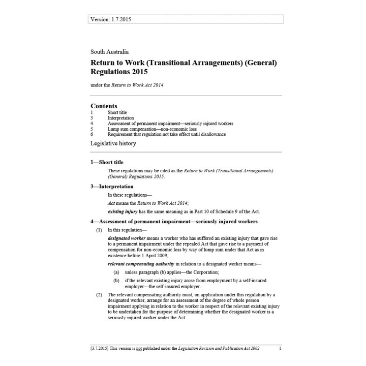 Return to Work (Transitional Arrangements) (General) Regulations 2015