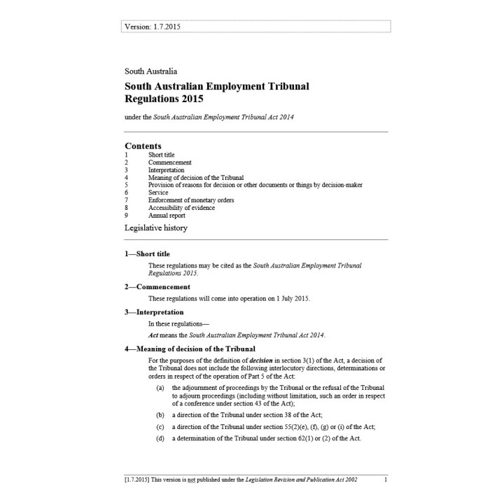 South Australian Employment Tribunal Regulations 2015