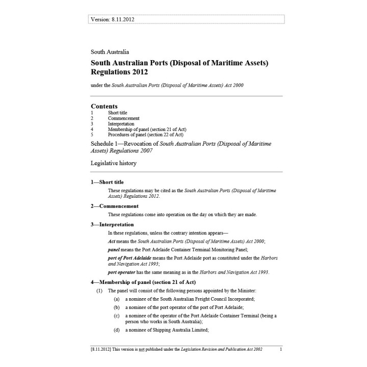 South Australian Ports (Disposal of Maritime Assets) Regulations 2012