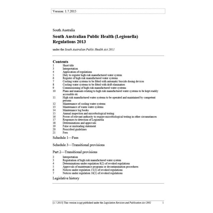 South Australian Public Health (Legionella) Regulations 2013