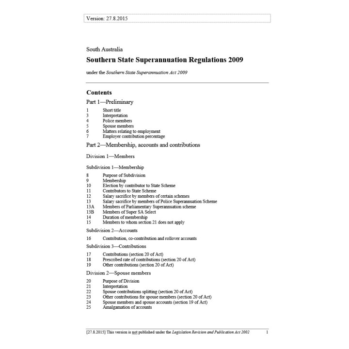 Southern State Superannuation Regulations 2009